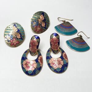 VTG Cloisonne Earring Lot Set 3 Butterflies Laurel Burch Enamel Pierced Drop